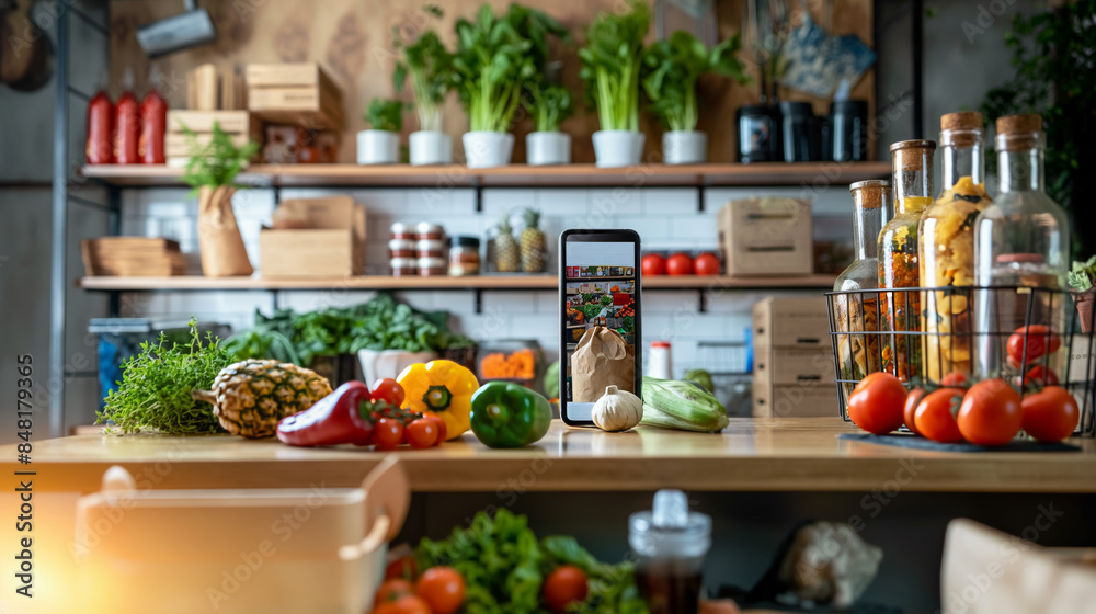 A smartphone with a grocery shopping app displayed on a kitchen counter surrounded by fresh vegetables and grocery items. The background features a well-organized kitchen with shelves A smartphone with a grocery shopping app displayed on a kitchen counter surrounded by fresh vegetables and grocery items. The background features a well-organized kitchen with shelves