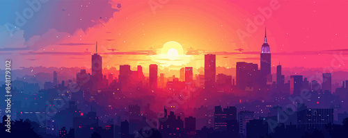 Futuristic cityscape at dawn with skyscrapers silhouetted against a colorful sky, and city lights twinkling. Vector flat minimalistic isolated illustration.