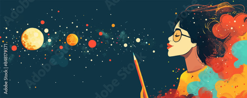 Graphic designer, illustrator, artist. Woman with a pencil in space. Drawing courses, lessons or classes. Creativity, inspiration, design concept. Art 