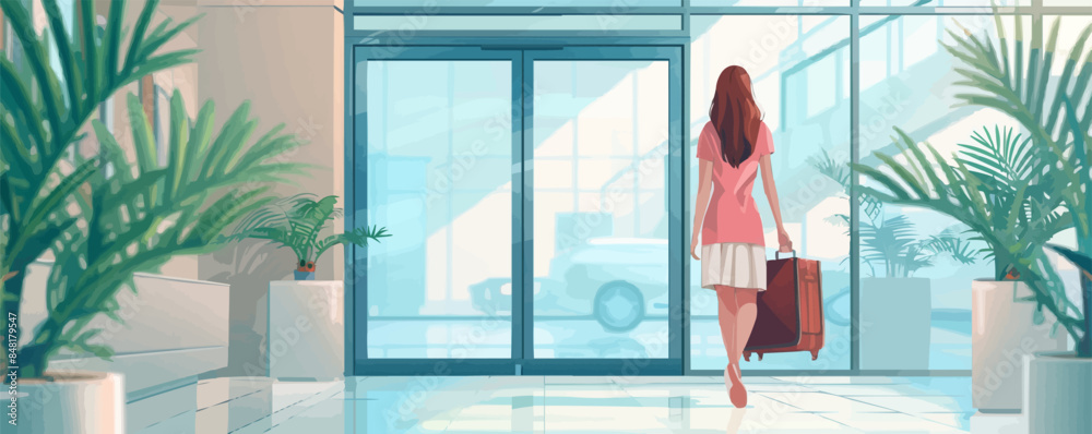 Happy businesswoman with travel bag arriving at hotel. Vector flat minimalistic isolated illustration