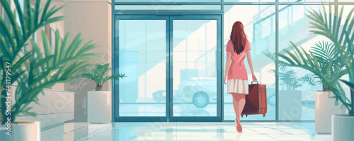 Happy businesswoman with travel bag arriving at hotel. Vector flat minimalistic isolated illustration