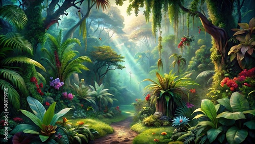 Fantasy jungle scene with lush greenery, towering trees, exotic flowers, and magical creatures, fantasy, jungle, forest, scene