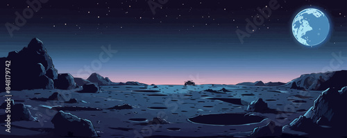 Lunar landscape with rugged craters, lunar rovers, and Earth rising on the horizon. Vector flat minimalistic isolated illustration