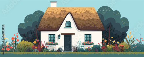 Serene countryside cottage with a thatched roof and flower-filled garden. Vector flat minimalistic isolated illustration