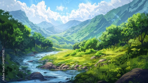 Design a picturesque, mountain valley background, with a river flowing through lush greenery.