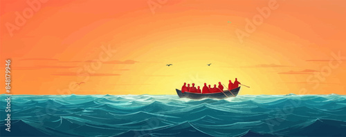 Migrants and refugees take a dangerous journey in a boat on the ocean. vector simple illustration