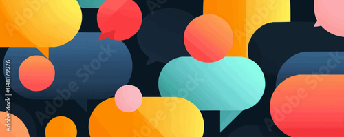 Speech bubbles, communication concept. Colorful geometric shapes. Conversation, rhetoric, discussion symbols. Art of oratory, public speaking.