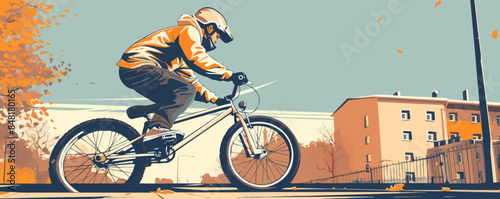 Street freestyler on a bike. Illustration of a guy performing BMX tricks in a yard or on the street. Vector flat minimalistic isolated illustration