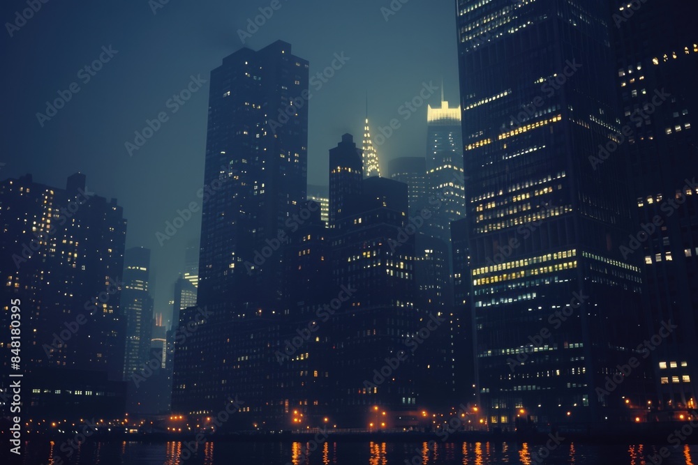 Fototapeta premium Urban Night Scene with Lit Windows