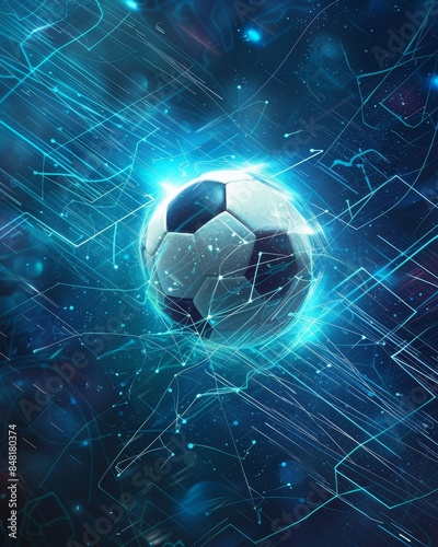 Poster futuristic glowing soccer ball with digital and neon effects, creating a dynamic and high-tech sports scene, perfect for technology, sports, and innovation concepts