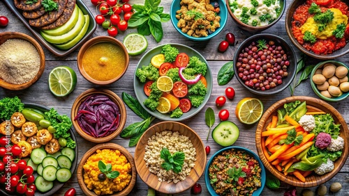 Spread of colorful, nutritious plant-based vegan dishes , vegan, plant-based, nutrition, healthy, colorful, vibrant, food