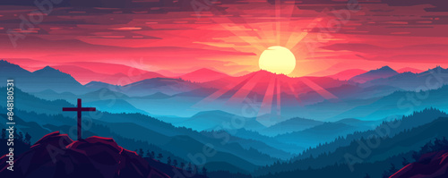 calvary sunset background for good friday he is risen. vector simple illustration