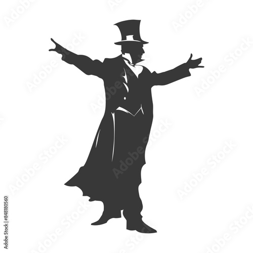 Silhouette of Victorian Showman in Top Hat with Open Arms.