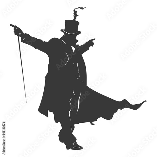 Victorian Silhouette: Dandy with Cane, Top Hat, and Dramatic Cloak Gesture