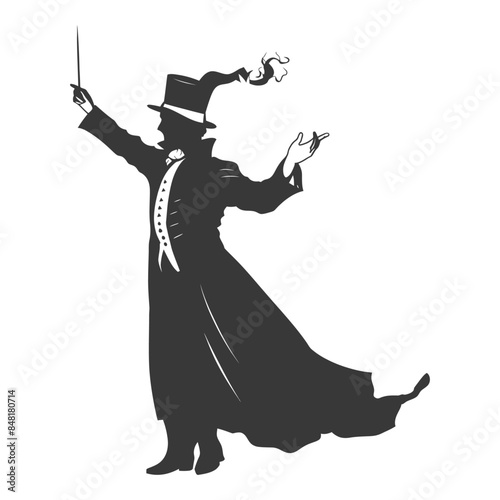 Silhouette Magician Conductor with Wand, Top Hat, Long Coat, and Dramatic Gesture.