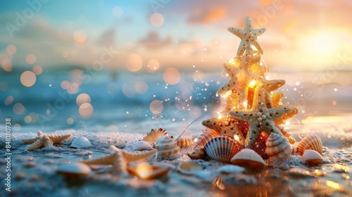 A beach scene with starfish and seashells forming the shape of an outdoor Christmas tree, set against a blurred background of waves in sunlight.