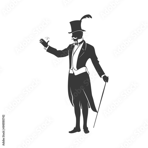 Top Hat Magician Silhouette: Elegant, Vintage Illusionist with Cane and Feather Detail.