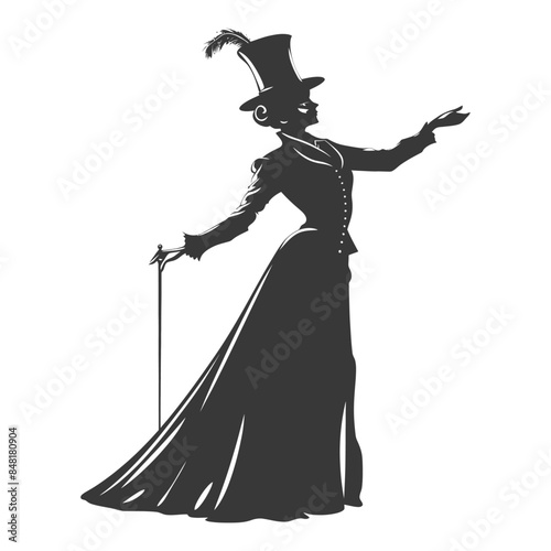 Silhouette of a Victorian Lady with Top Hat and Cane, Elegant Pose.