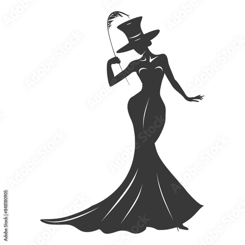 Silhouette Elegance: Woman in Gown, Top Hat, Feather Detail, Isolated on White.