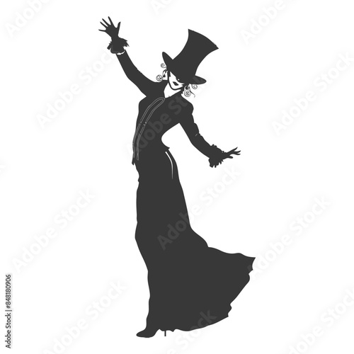Silhouette of a Dapper Woman in Top Hat and Mask, Flourish Pose.