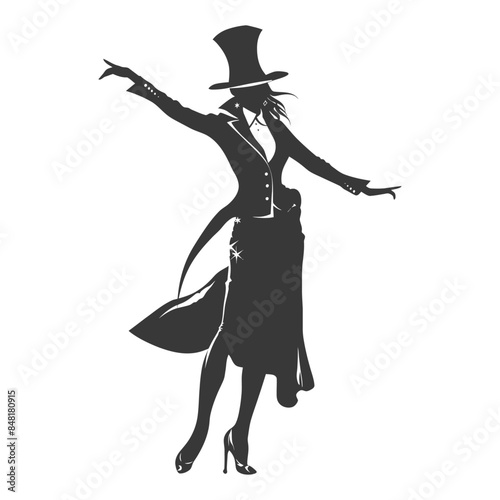 Silhouette of Woman in Top Hat and Tailcoat, Theatrical Pose.