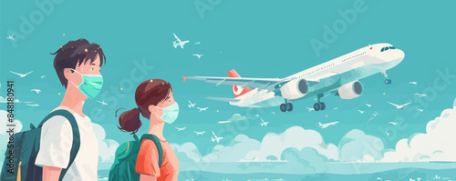 Safe travel concept. Tourists traveling during a pandemic. Man and woman wearing medical masks on the sky background with a plane. Passengers staying safe from coronavirus. Vector illustration
