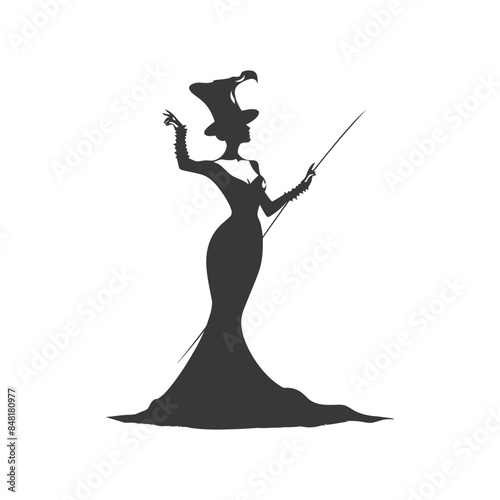 Whimsical Witch Silhouette: Elegant Gown, Pointed Hat, Magic Wand.