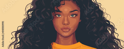 Portrait of a beautiful black woman. Young african american woman with long curly hair looking at the camera. Pretty girl face. Vector flat minimalistic isolated illustration