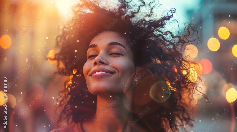young woman with curly hair dancing under the city lights, her hair swirling around her like a halo. young woman with curly hair dancing under the city lights, her hair swirling around her like a halo.