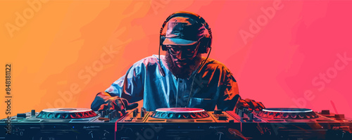 Hip-hop DJ with headphones. Portrait of a DJ inspiring the crowd with his bold and innovative music sets. Vector flat minimalistic isolated
