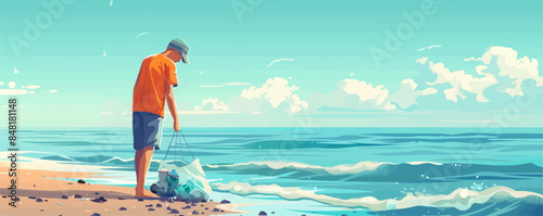Man in eco-activist cape picks up trash on oceanfront, plastic problem on the planet, concern for cleanliness and the environment, climate change. vector simple illustration