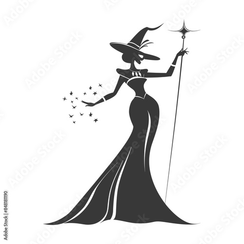 Silhouette Witch: Elegant Gown, Star Wand, Butterfly Magic, Vector Art