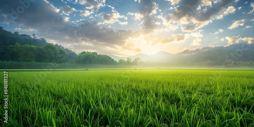 Expansive rice farm field forms enchanting rural landscape. Concept Rice Farming, Rural Landscape, Expansive Fields, Nature Photography