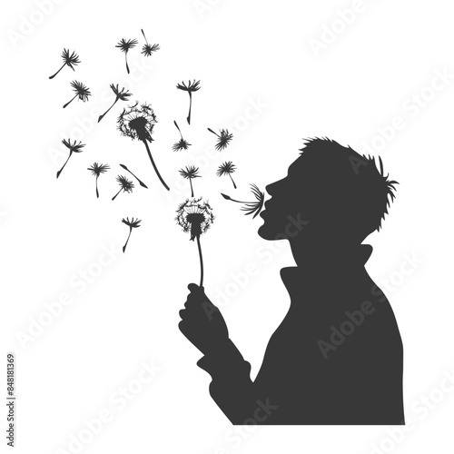 Silhouette of Man Blowing Dandelion Seeds, White Background