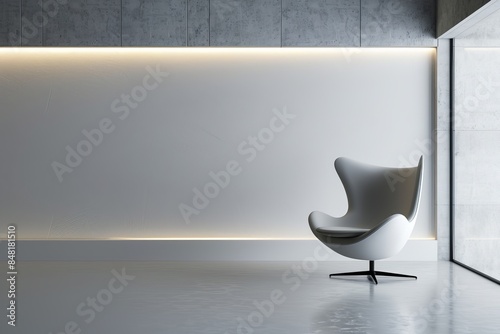 Modern white chair in a minimalist room with gray walls and ambient lighting, creating a sleek and elegant interior design, perfect for contemporary decor, furniture, mockup for painting