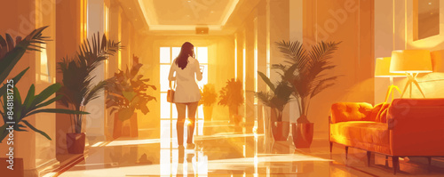 Happy receptionists cooperating while working on computer at hotel front desk. Vector flat minimalistic isolated