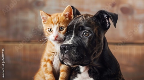 A black and white dog and cat are sitting together.