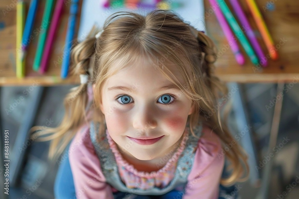 Smiling young girl creating art with crayons on paper, viewed from above, sitting at a bench in an inviting classroom