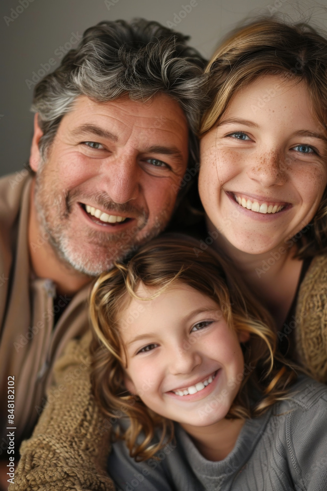 a Caucasian family smiling together on a studio background a Caucasian family smiling together on a studio background