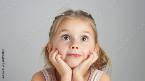a Caucasian girl showing curiosity on a studio background photo