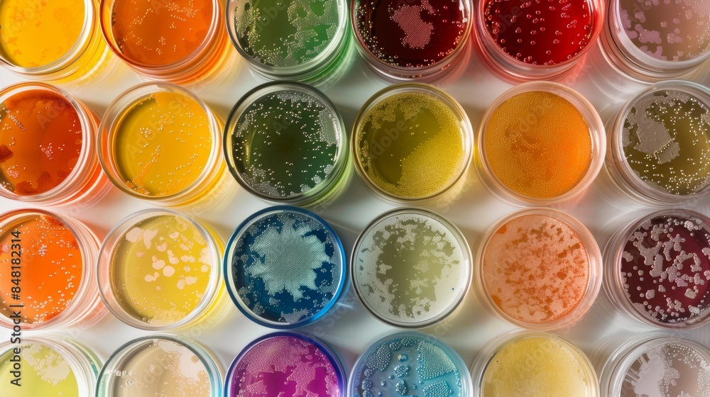 Array of petri dishes with diverse, colorful bacterial colonies, demonstrating the beauty of microbial life under lab conditions Array of petri dishes with diverse, colorful bacterial colonies, demonstrating the beauty of microbial life under lab conditions