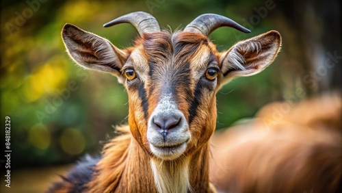Close up of a goat with beautiful brown fur , farm animal, livestock, domesticated, mammal, horns, cute, agriculture, rural © Sangpan