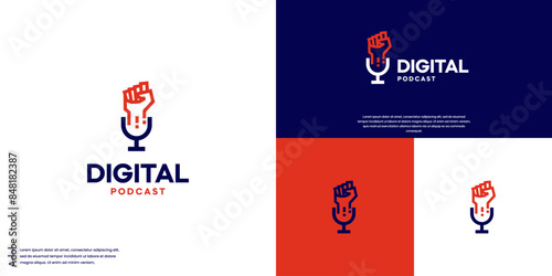podcast logo with fist combination, passion, freedom, logo design vector.