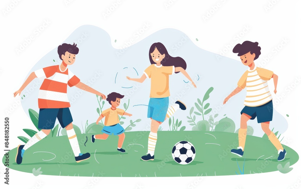 Illustration of a happy family playing soccer together outdoors. Kids and parents enjoying a fun day at the park with a soccer ball. Illustration of a happy family playing soccer together outdoors. Kids and parents enjoying a fun day at the park with a soccer ball.