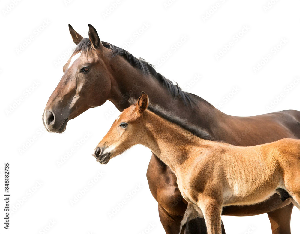 Fototapeta premium Pferd mit Fohlen isoliert auf weißen Hintergrund, Freisteller 