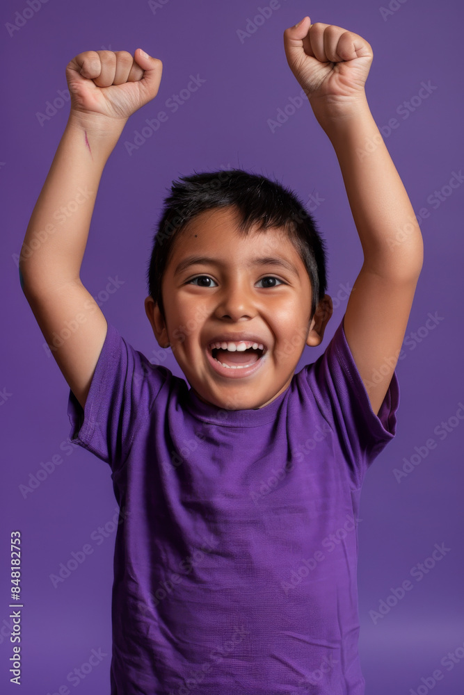 a Hispanic child feeling proud on a purple studio background a Hispanic child feeling proud on a purple studio background