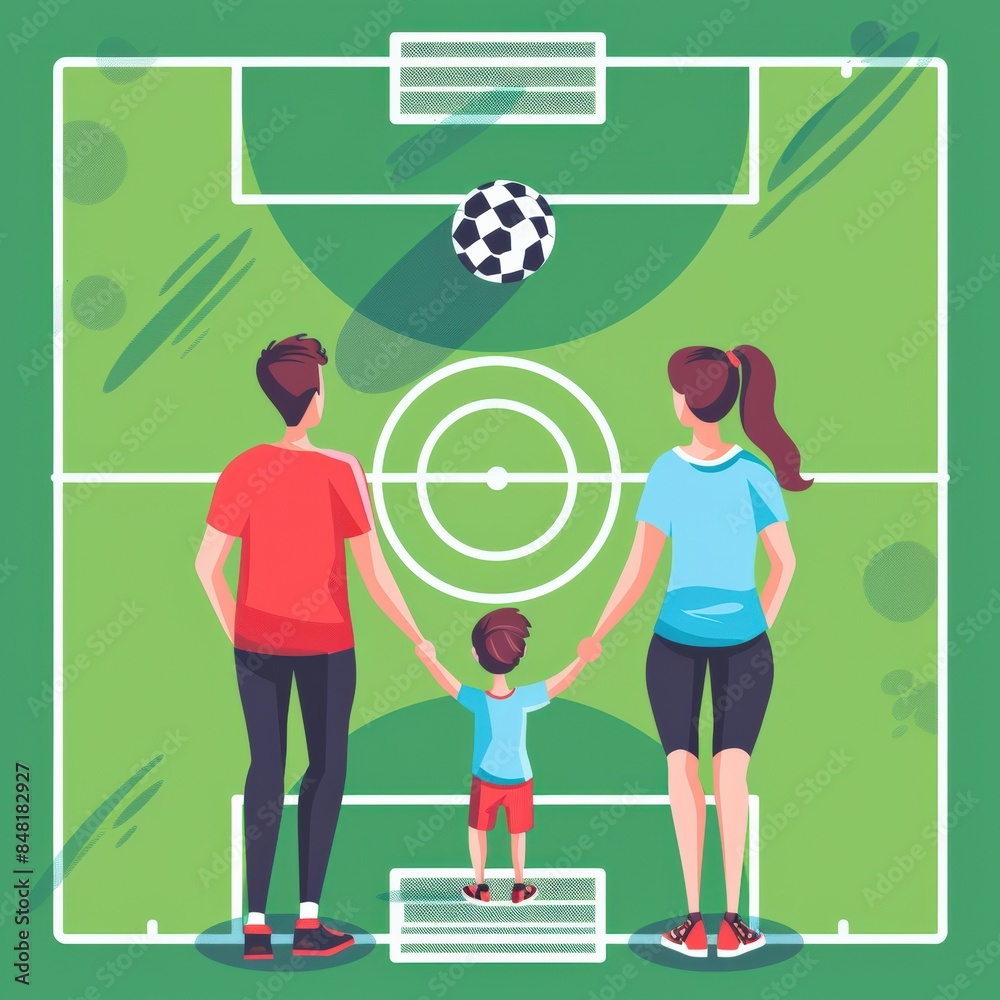 Fototapeta premium Illustration of a family holding hands on a soccer field, symbolizing unity, teamwork, and sportsmanship.