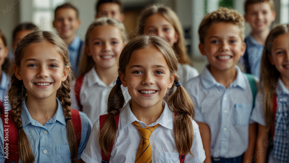 Happy small school kids excited to return to school meet classmates friends, back to school concept Happy small school kids excited to return to school meet classmates friends, back to school concept