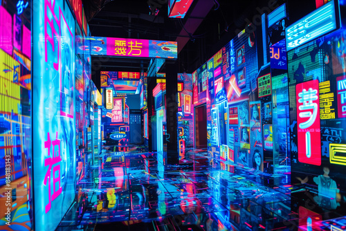 a cyberpunk cityscape at night, with neon signs and holograms popping out in 3D, contrasting with flat, colorful murals.