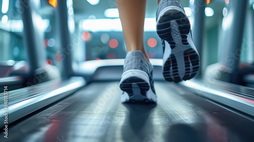 Close-Up of Running Shoes on Treadmill in Gym © Ivy